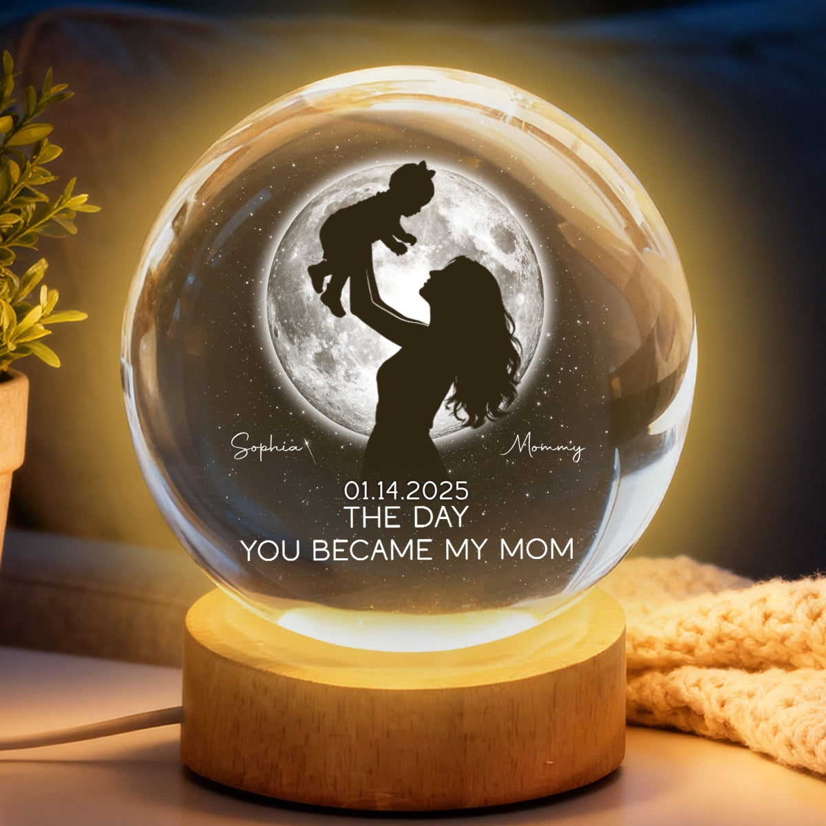 The Day You Became My Mom, Custom Moon Phase by Date - Personalized Crystal Ball LED Night Light - Heartfelt Mother's Day Gift for Mom, Wife