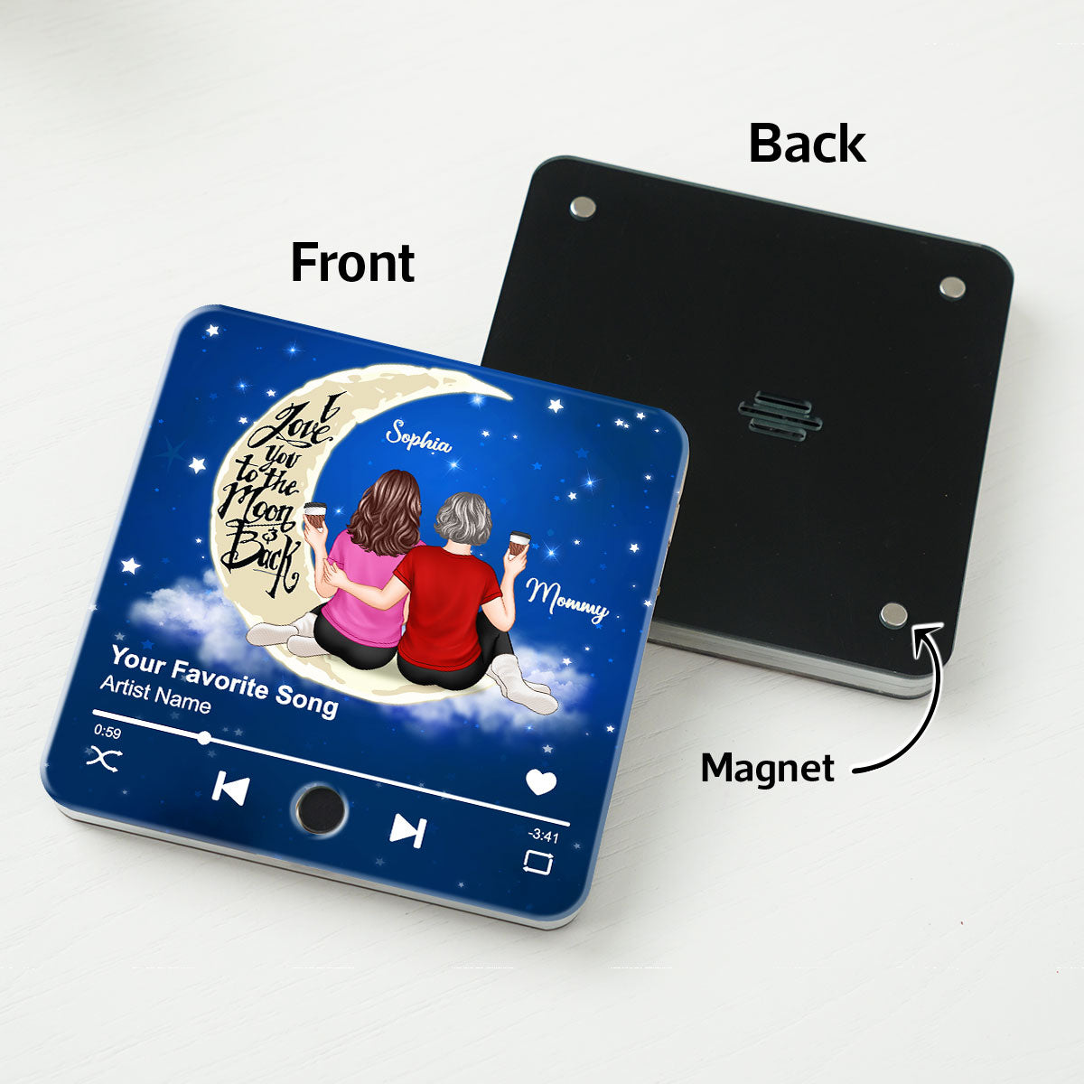 Mother Daughter Forever Linked Together, Sitting on Moon Personalized Music Fridge Magnet, Heartfelt Birthday, Gift for Mom