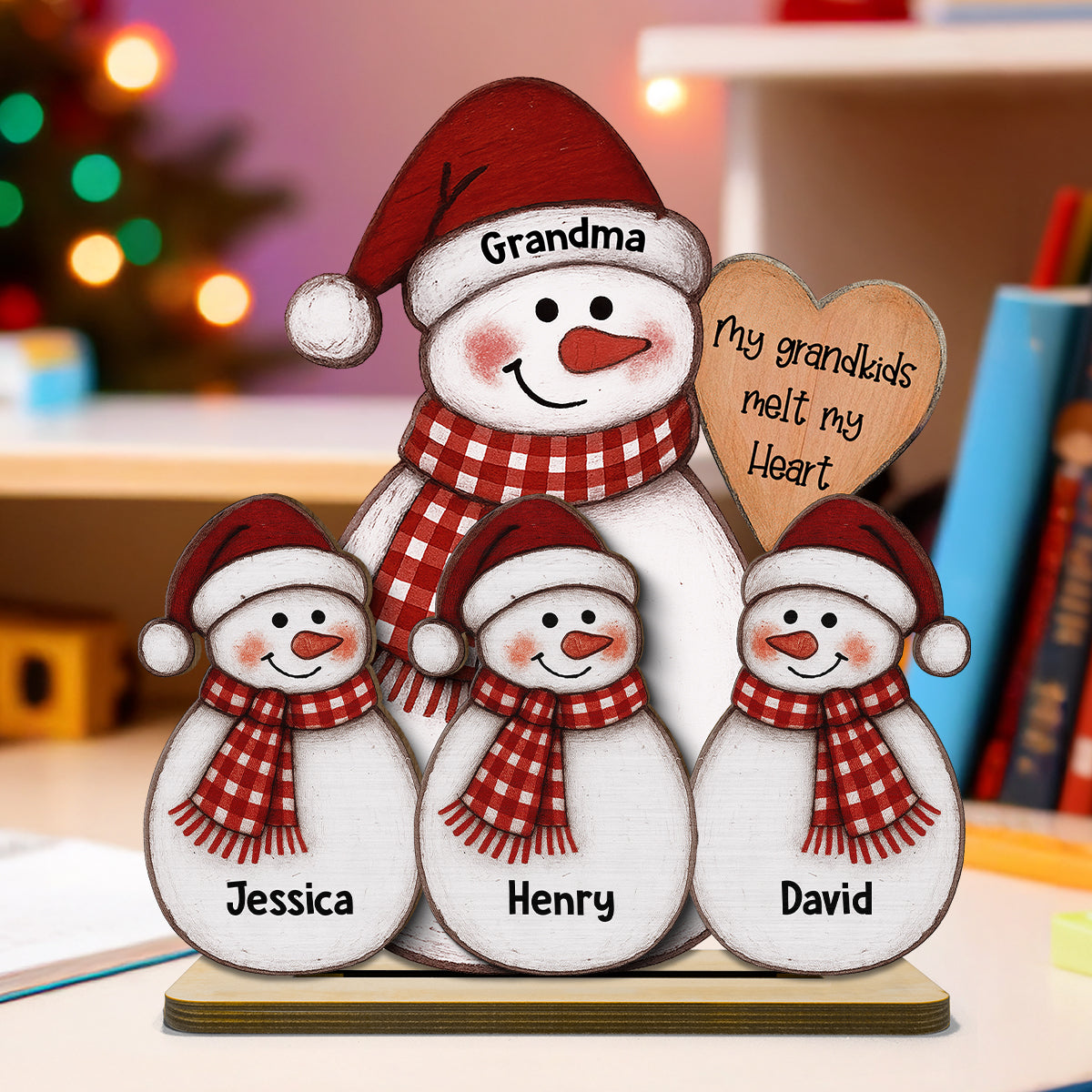 Folk Art Cute Snowman Grandma & Grandkid - Personalized 2-Layer Wooden Plaque - Christmas Decor