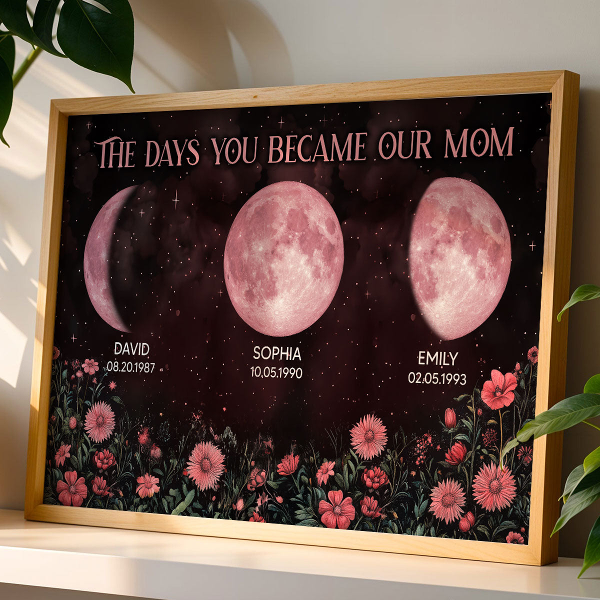 Vintage Flowers The Days You Became Our Mom Pink Birthday Moon Phase Personalized Poster