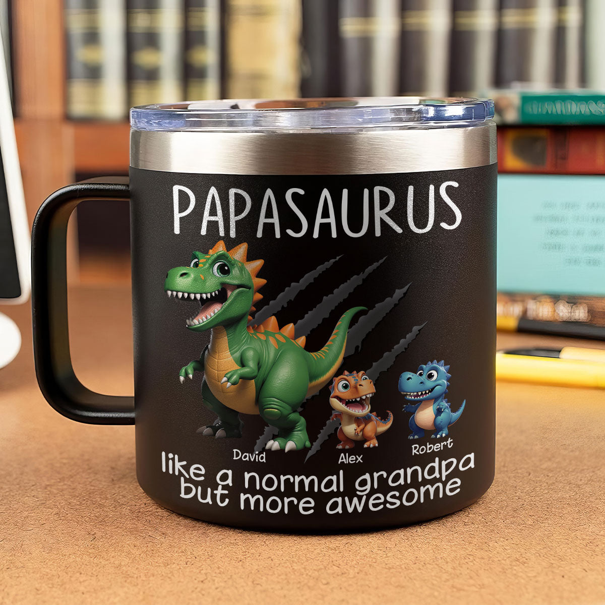 Grandpasaurus And Kids 3D Effect Dinosaurs Personalized Stainless Steel Tumbler With Handle, Father's Day Gift For Grandpa