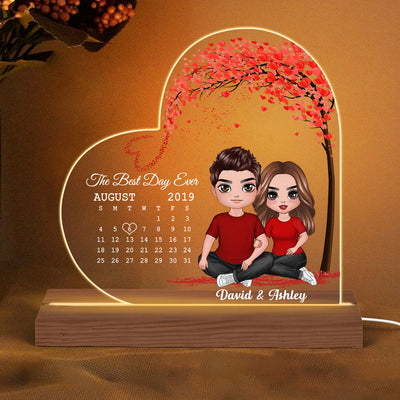 Embracing Doll Couple Sitting Under Red Heart Tree Calendar Anniversary Date Personalized Heart Custom Shape LED Night Light