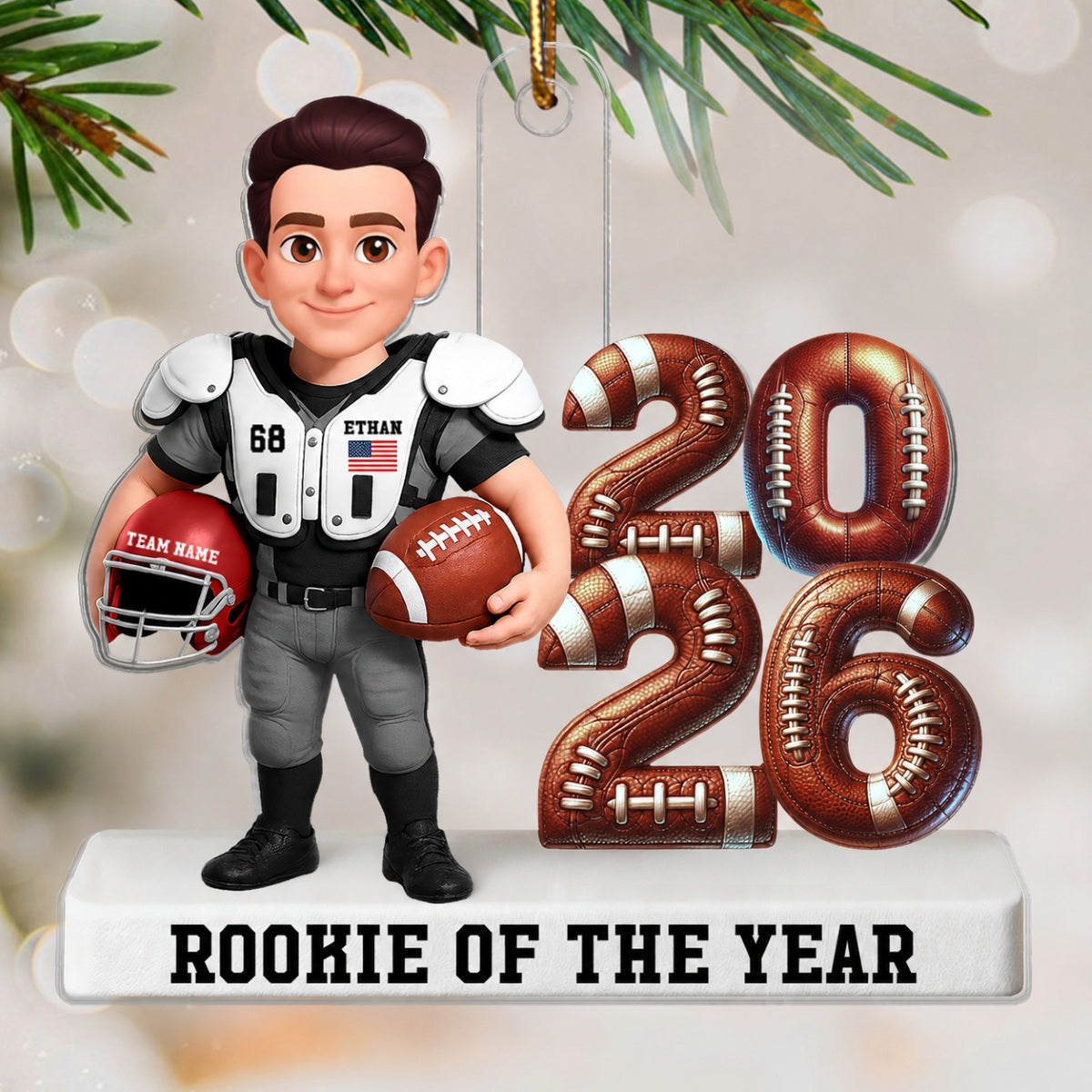 Proud American Football Player Standing By Year 3D Effect - Personalized Acrylic Ornament