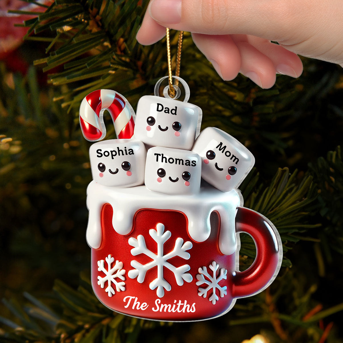3D Effect Marshmallow Hot Cocoa Family Christmas Personalized Acrylic Ornament