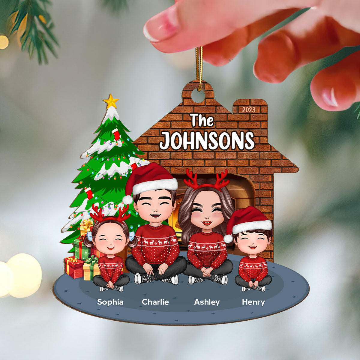 Whole Cute Family Crossed Legs Dad Mom Kid Dog Cat By Christmas Tree In House Personalized Wooden Ornament