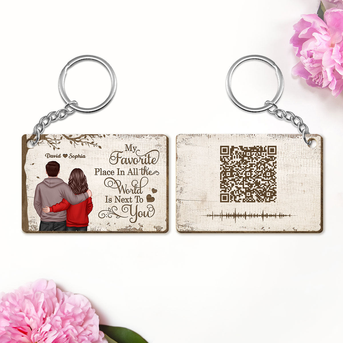 My Favorite Place Couple Back View Personalized Wooden Keychain, Soundwave Art, Custom Your Heartfelt Voice Message for her & for him