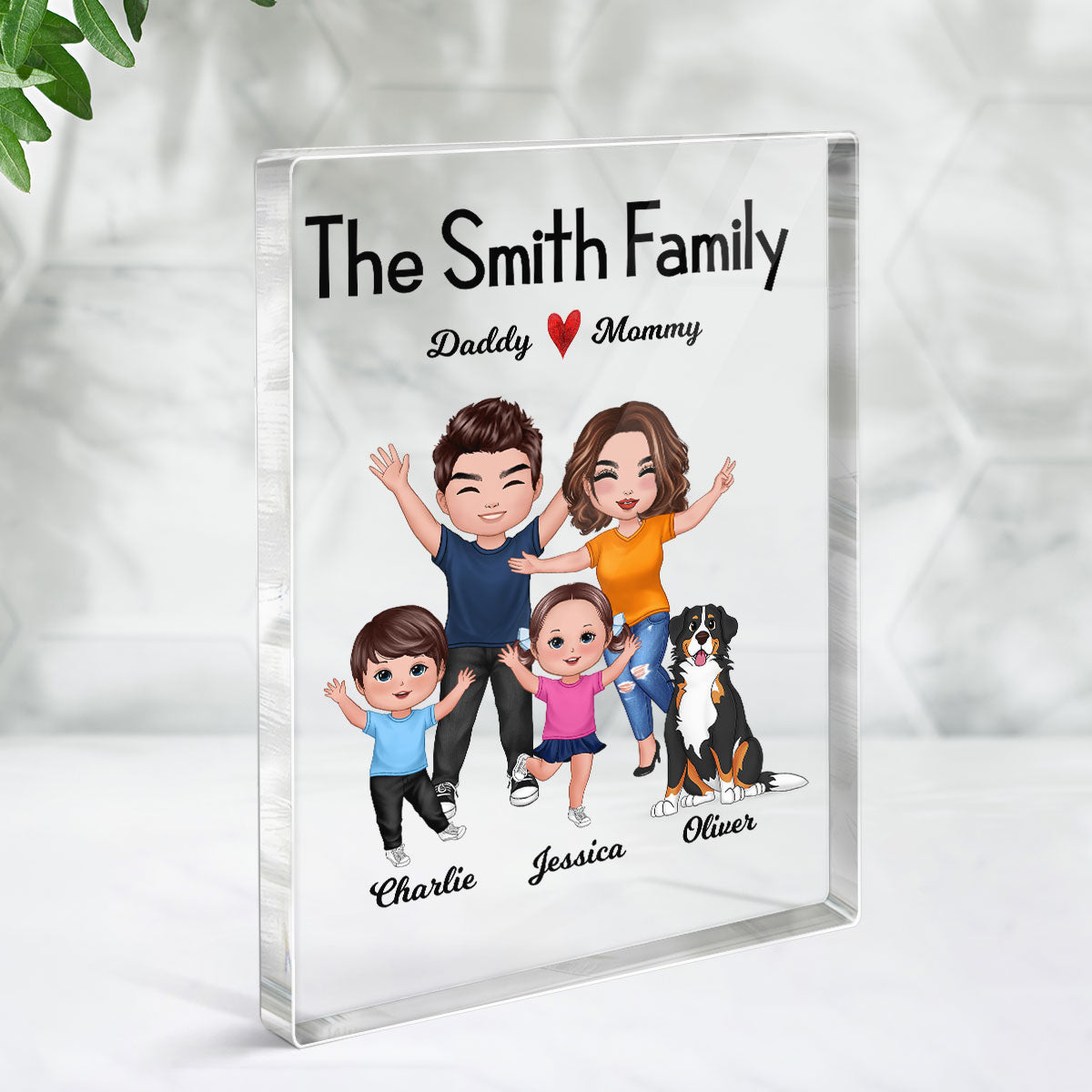 Happy Doll Whole Family Couple Kids Dogs Cats Personalized Vertical Rectangle Acrylic Block Plaque
