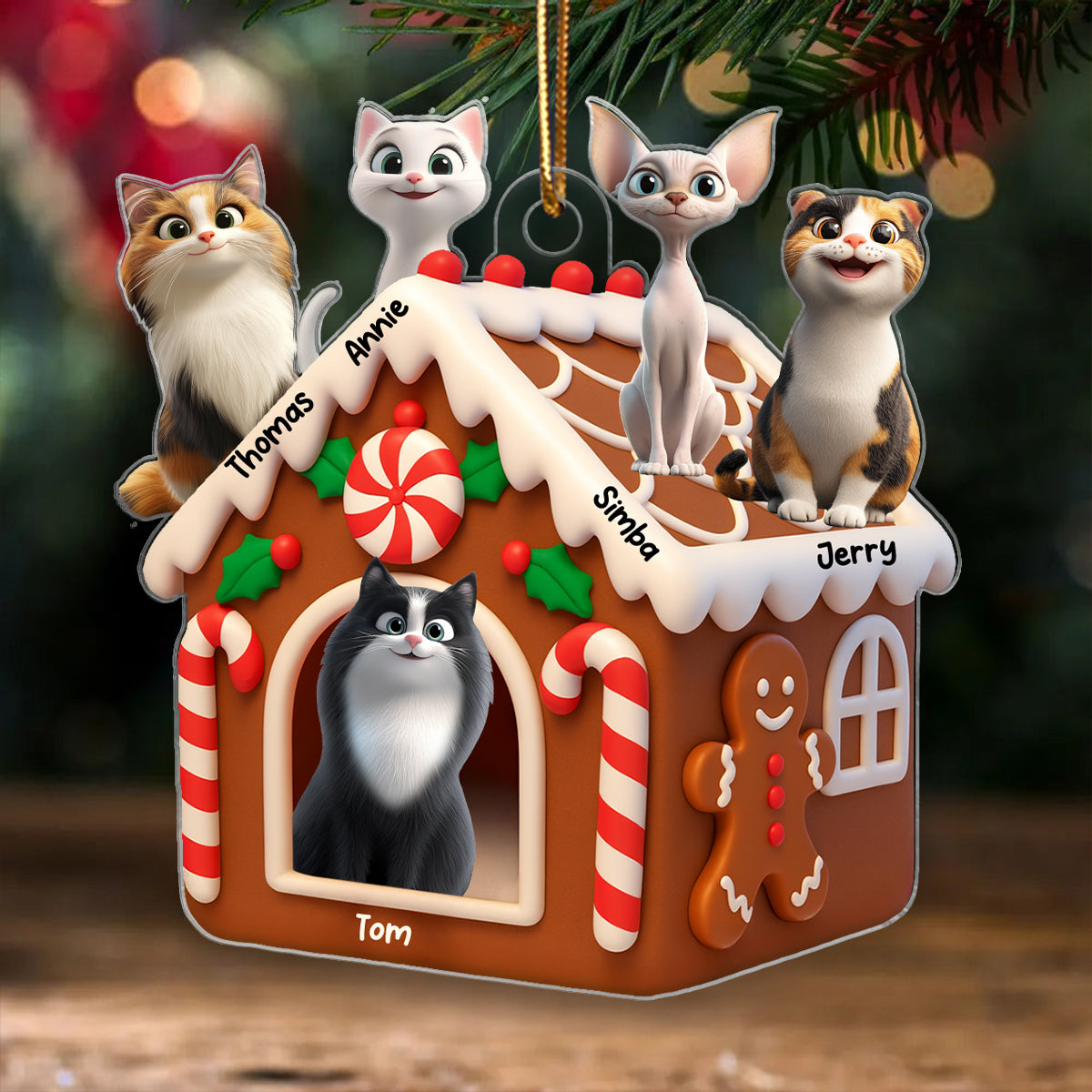 Gingerbread Cat House Personalized Acrylic Ornament, Christmas Gift for Cat Mom, Cat Dad