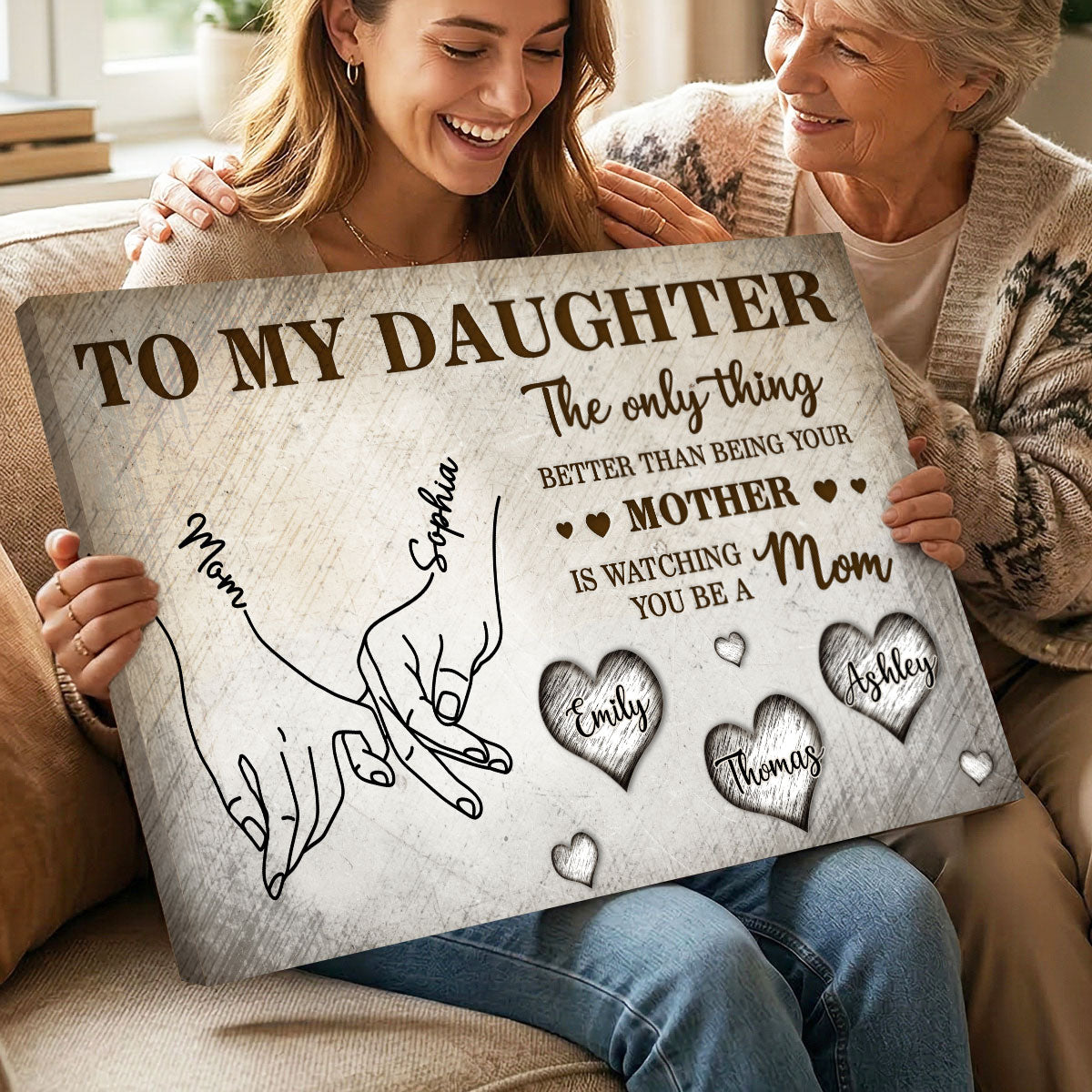 To My Daughter Mom And Daughter Holding Hands Custom Kids Names - Personalized Canvas - Mother's Day Gift For Daughter
