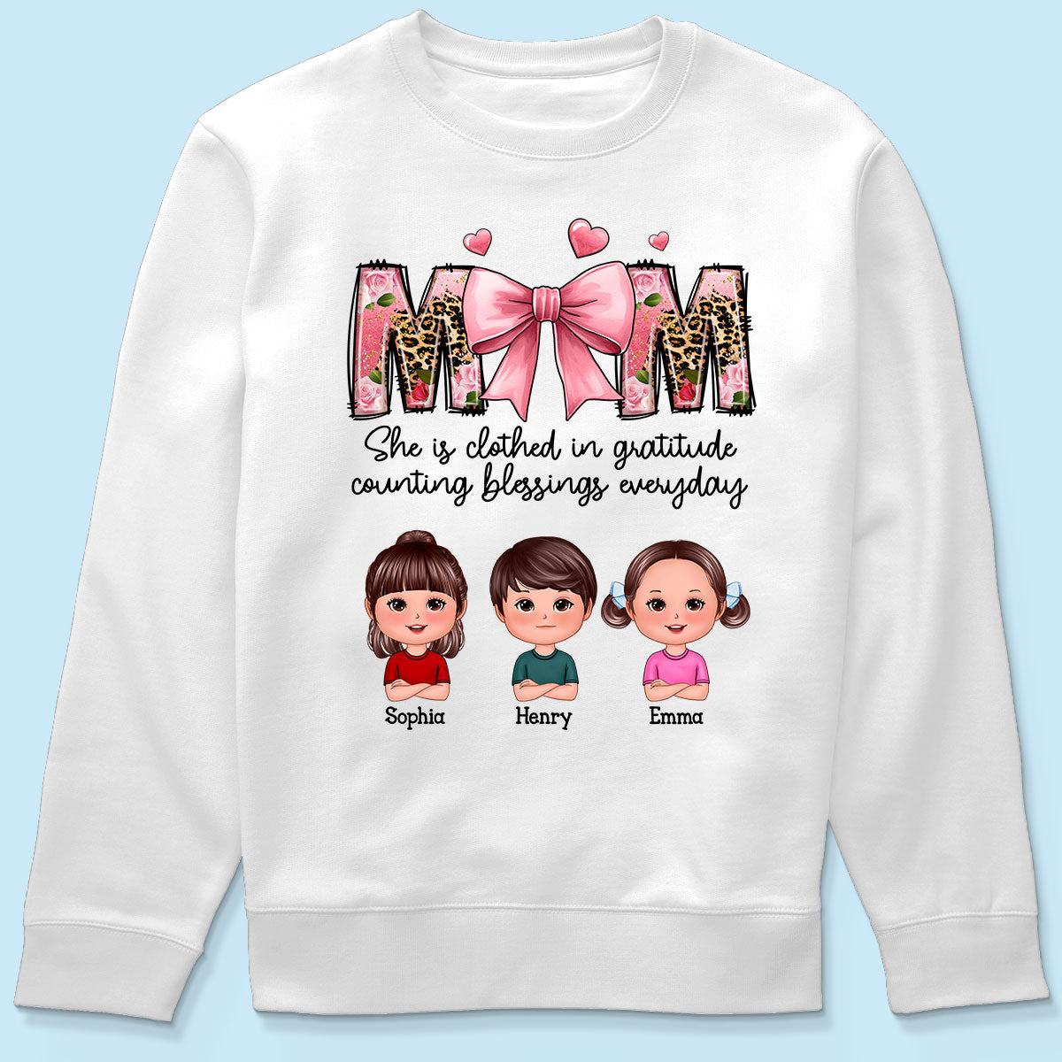 Mom She is Clothed in Gratitude Counting Blessings Every Day Floral Bow Personalized Shirt