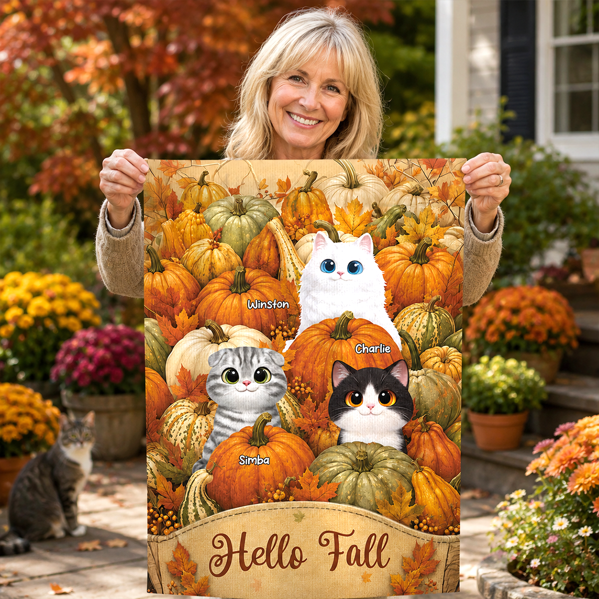 Hello Fall Cute Cat Peeking In Fall Pumpkin Patch - Personalized Garden Flag - Fall Season Decor For Cat Lover