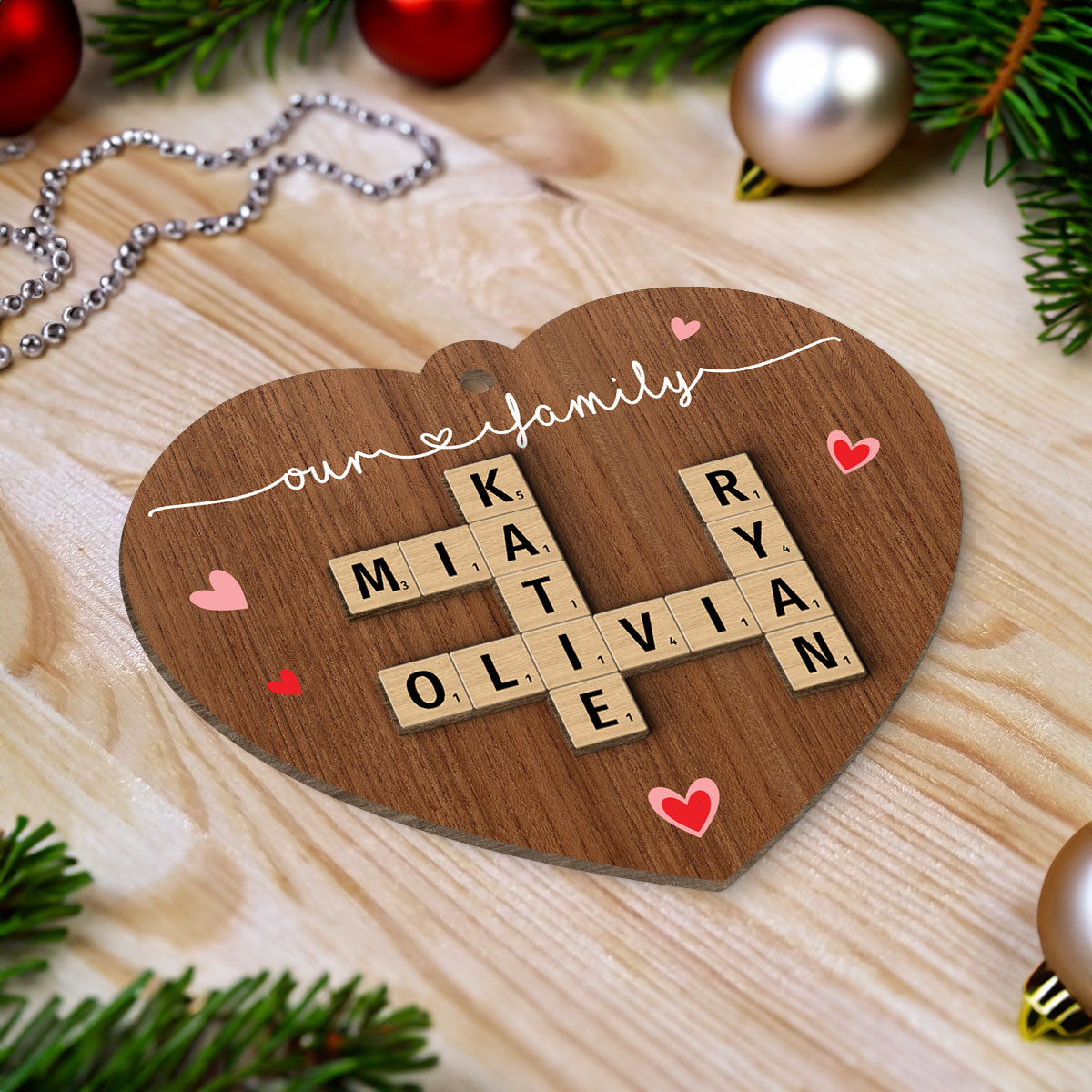 Family Crossword Puzzle Art Personalized Heart Shaped 2-Layer Wooden Ornament