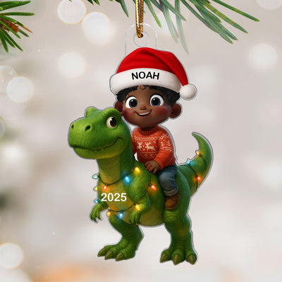3D Effect Cute Cartoon Kid Boy And Girl With Dinosaur Christmas Personalized Flat Acrylic Ornament, Unique Gift For Kids, Grandkids
