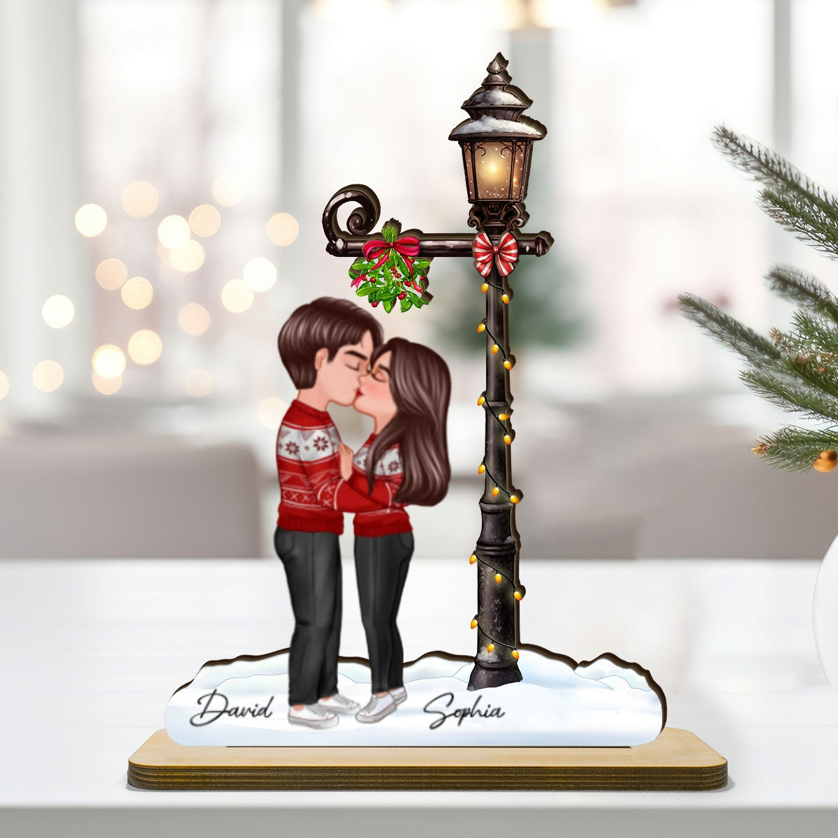 Couple Kissing Under Mistletoe Lamp Post Christmas Decor Personalized 2-Layer Standing Wooden Plaque