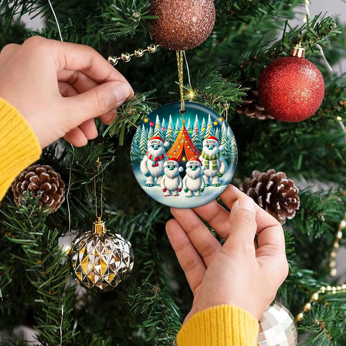 Bigfoot Family Camping Ceramic Ornament, 2024 Funny Whimsical Family Ornament, Christmas Ornament For Camping Family, For Campers