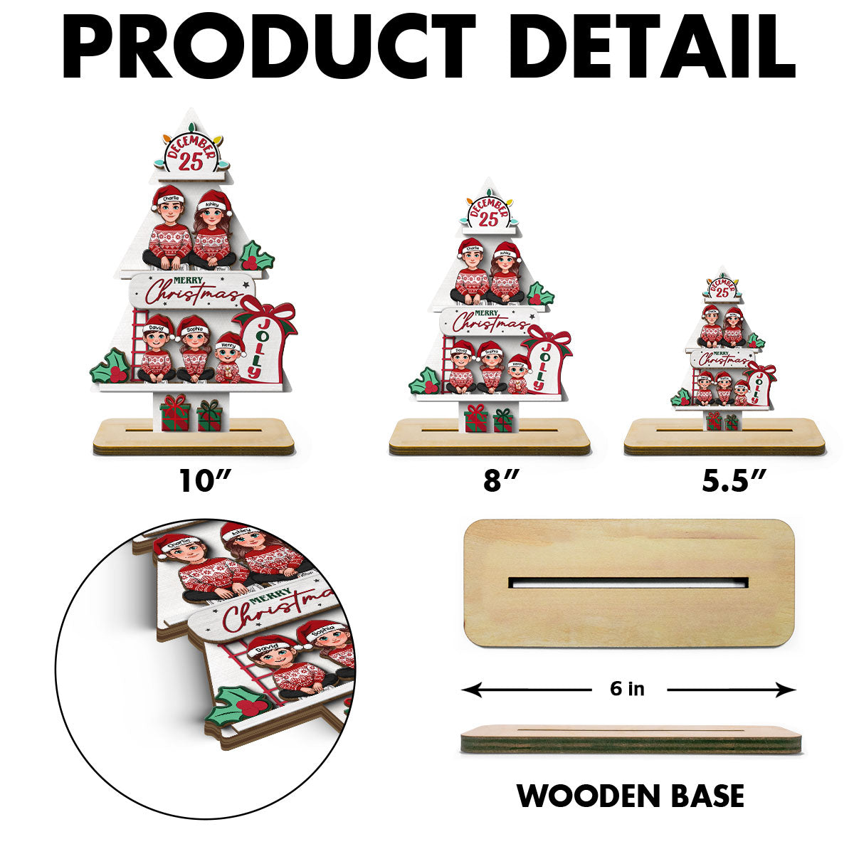 Pine Tree Christmas Family Sitting Personalized 2-Layer Standing Wooden Plaque