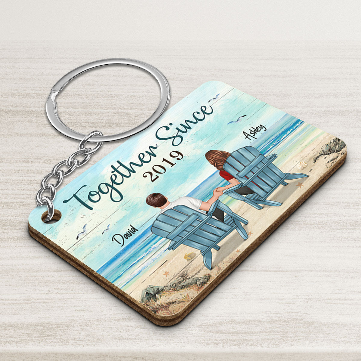 Back View Couple Sitting Beach Landscape Gift For Him For Her Personalized Wooden Keychain