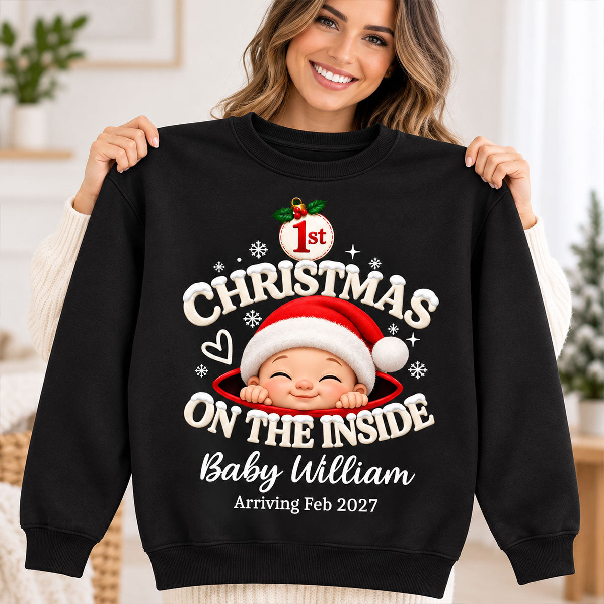 1st Christmas On The Inside Baby - Personalized Shirt - Christmas Pregnancy Announcement Gift For Mom To Be, Expecting Mom
