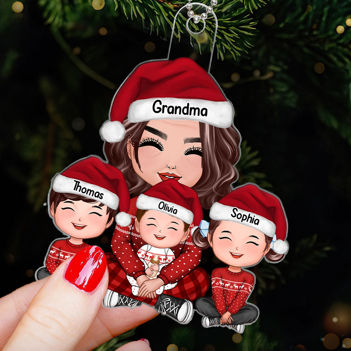 Grandma & Grandkids Sitting Crossed Legs Personalized Acrylic Ornament, Gift For Granddaughter Grandson