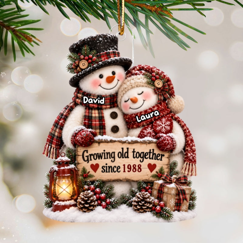Snowman Couple Hugging Growing Old Together - Personalized Acrylic Ornament - Heartfelt Christmas Gift for Her, for Him