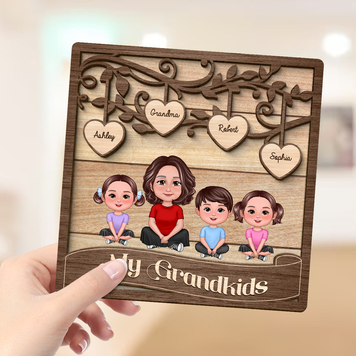 Grandma Grandkids Swirl Tree Hearts Personalized 2-layer Wooden Plaque