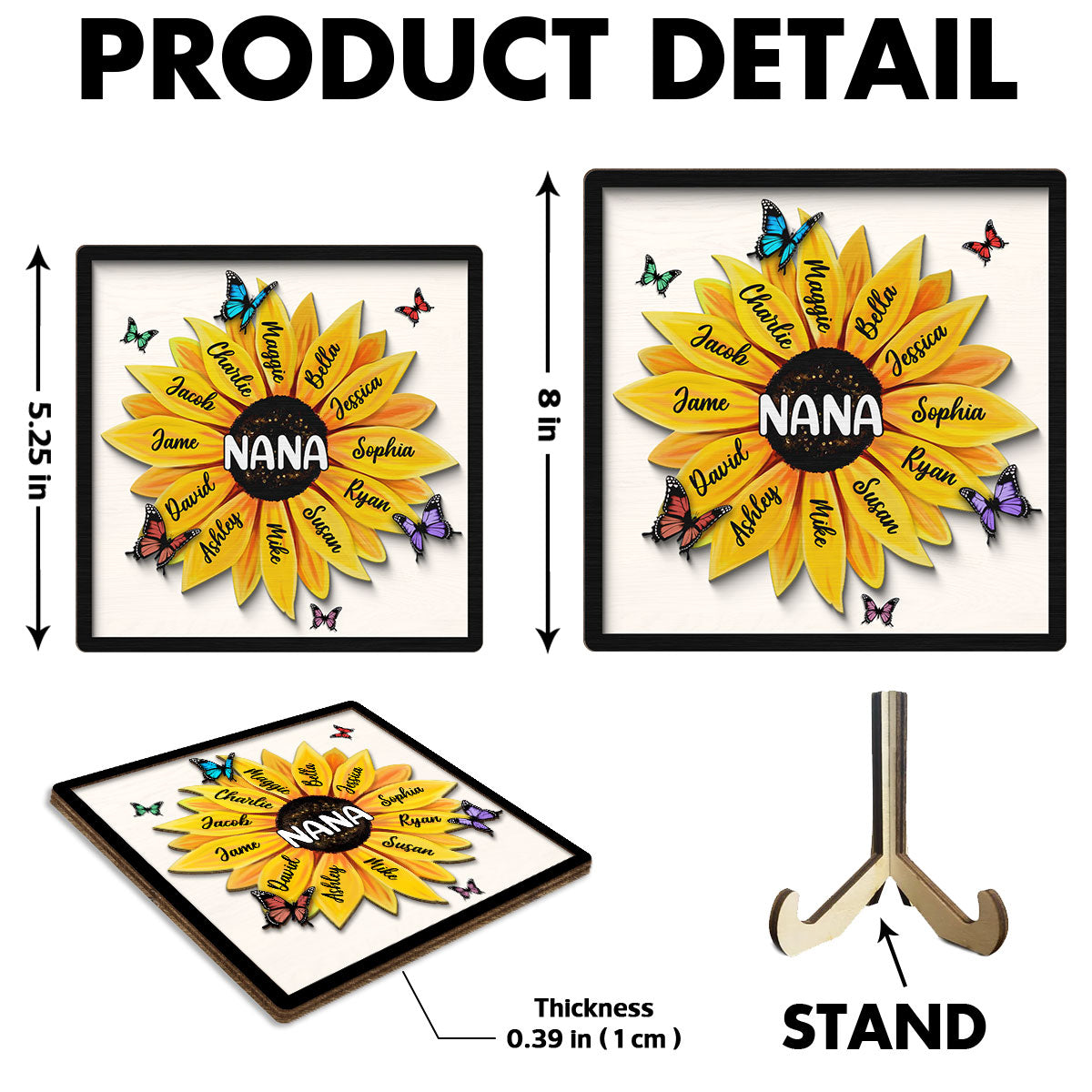 Sunflower Grandma Mom Grandkids Names Personalized 2-Layer Wooden Plaque