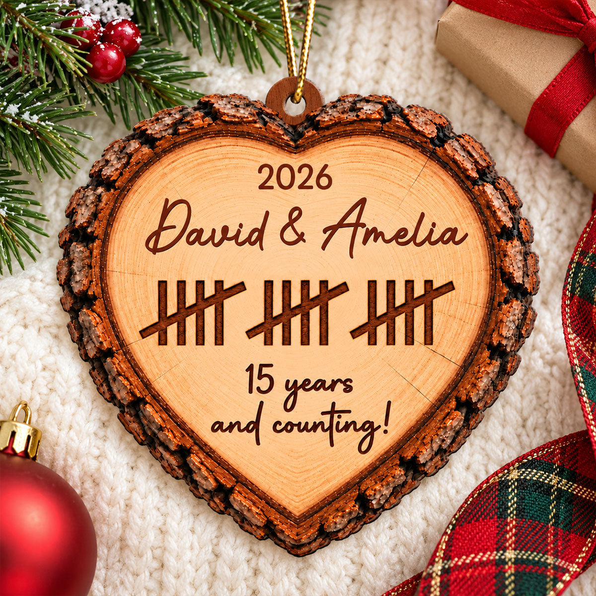 Years and Counting Rustic Heart Wood Slice - Personalized Wooden Ornament – Custom Anniversary Keepsake Gift for Couples