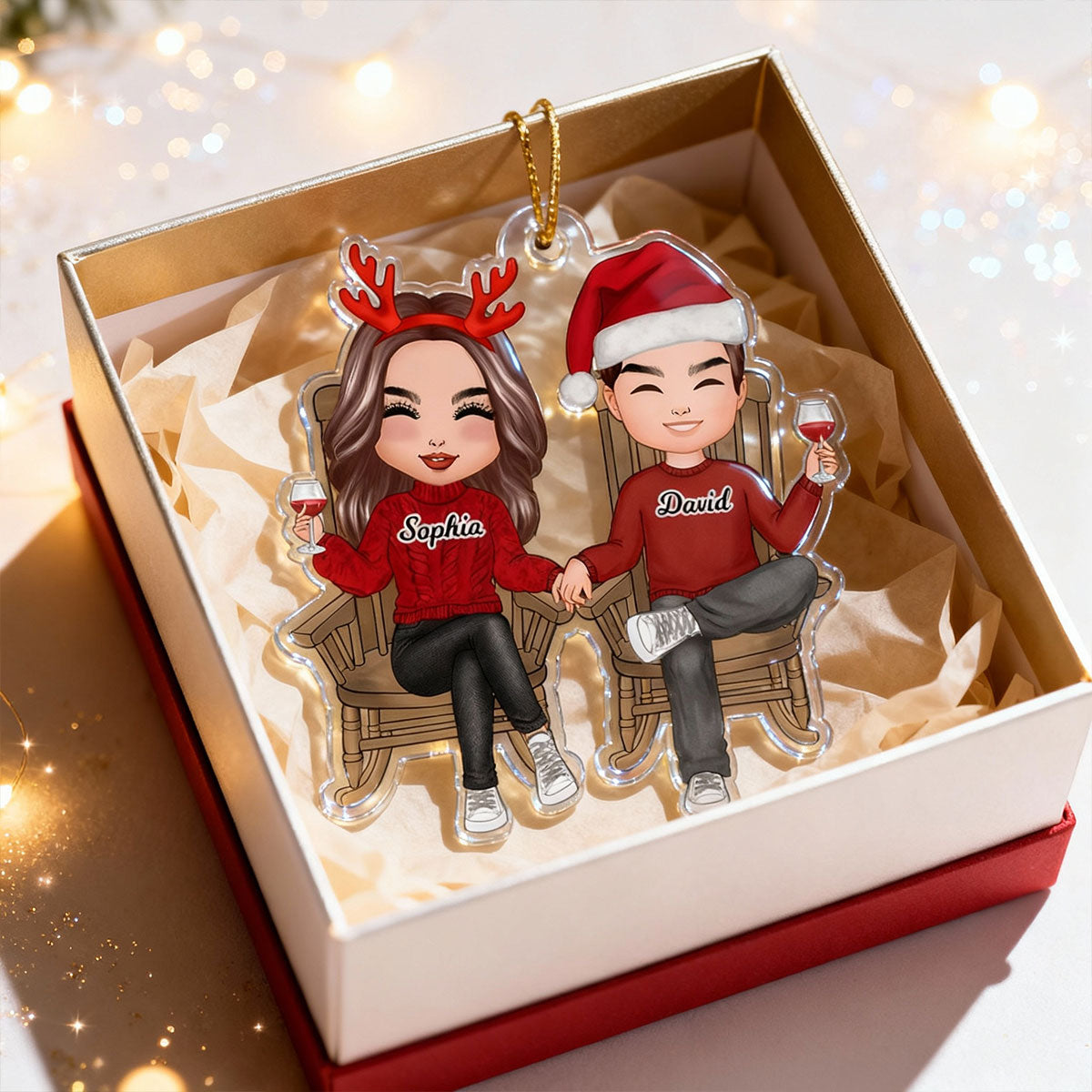 Eternal Love Couple Sitting Together - Personalized Acrylic Ornament - Heartwarming Christmas Gift for Couple, For Him, For Her