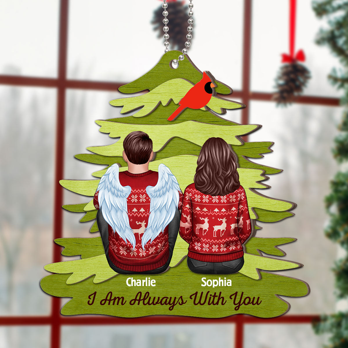 Rustic Red Cardinal I Am Always With You Personalized Christmas 2-Layer Wooden Ornament