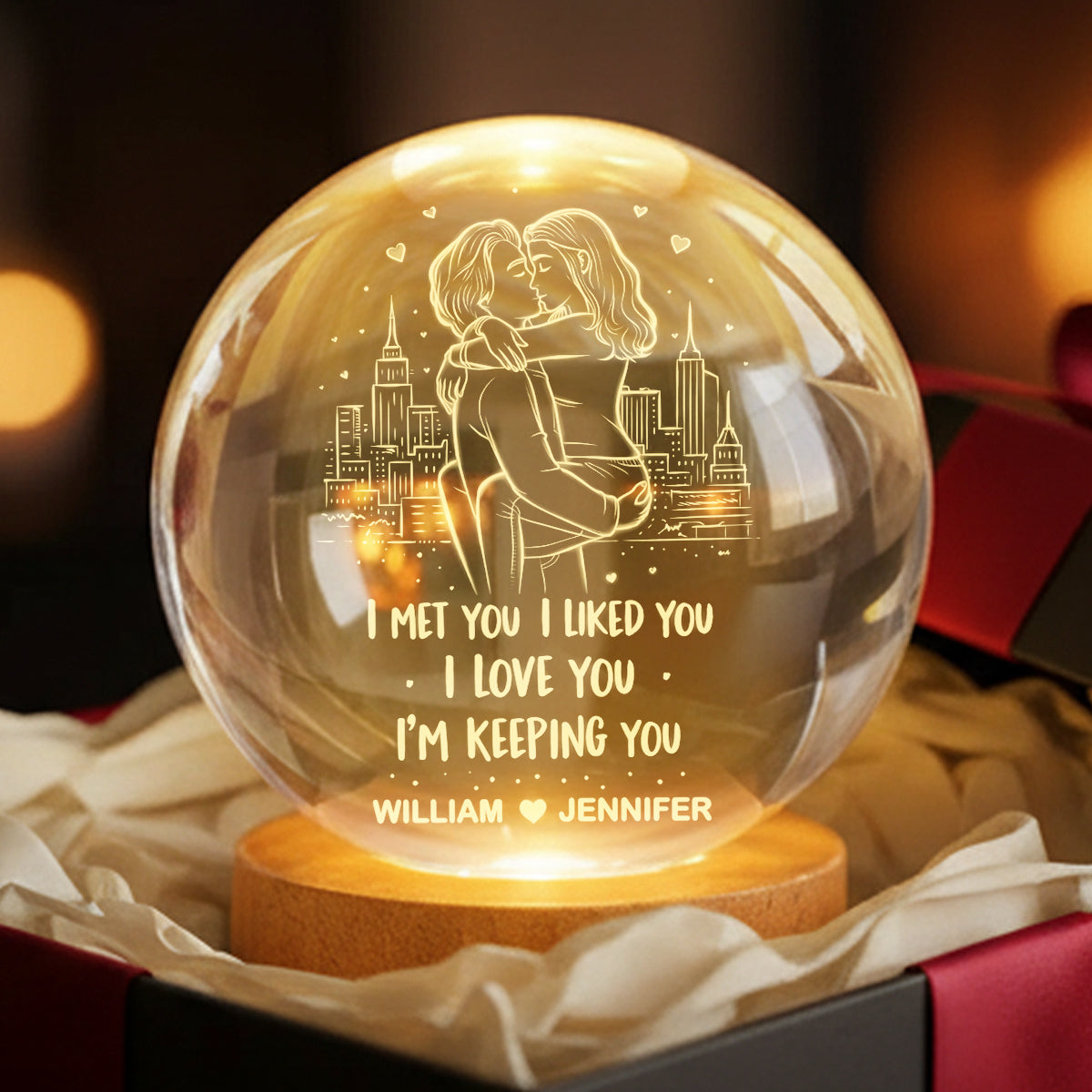 I Met You I Liked You I'm Keeping You - Personalized Crystal Ball LED Night Light - Heartfelt Valentine's Day Gift for Her, for Him