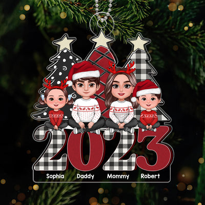 Family Sitting Crossed Legs On Buffalo Plaid Red 2023 Personalized Acrylic Ornament