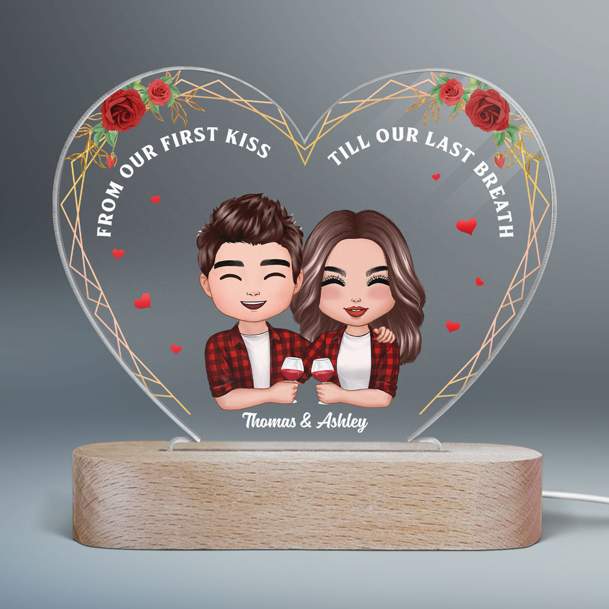 Roses Doll Couple Hugging Holding Drinks Personalized Heart Acrylic Plaque LED Night Light