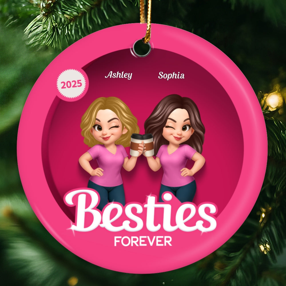 Besties Sisters 3D Effect Pink Toy Box Personalized Circle Ceramic Ornament, Gift for Besties, Best Friends