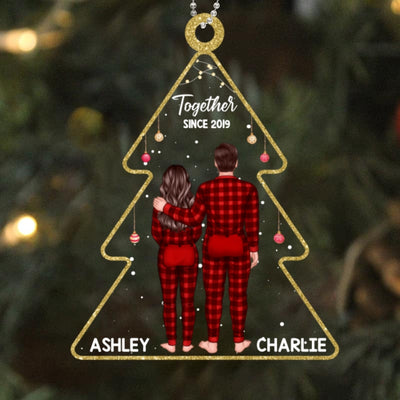 Couple Pajamas Standing Back View Christmas Tree Personalized Acrylic Ornament
