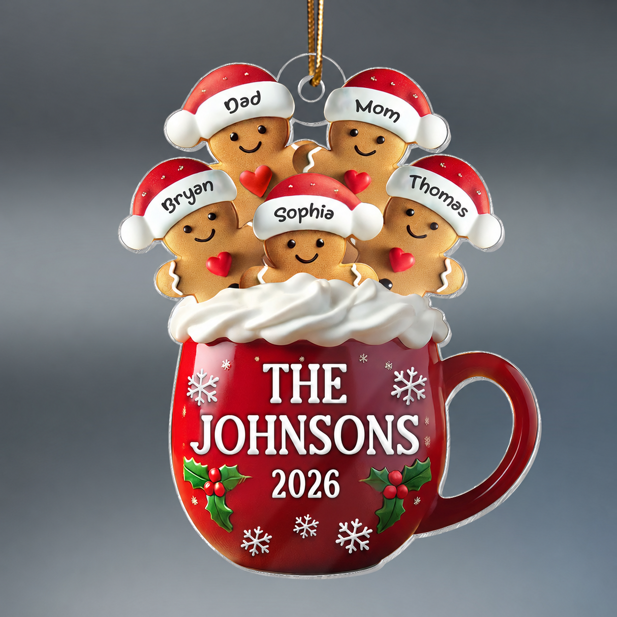 3D Effect Gingerbread Family In Hot Cocoa Christmas Decor Personalized Acrylic Ornament