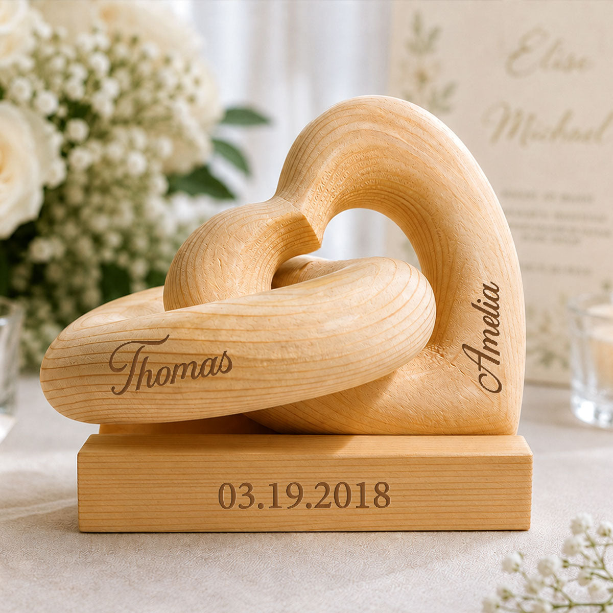 Personalized Wooden Heart Sculpture, Custom Couple Names Gift, Romantic Anniversary Gift, Heartfelt Gift for Her, Gift for Him
