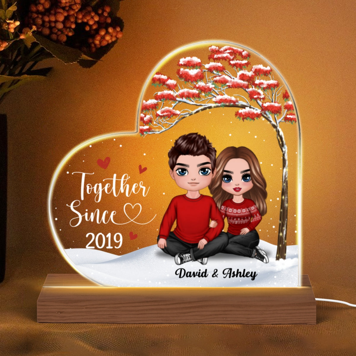 Doll Embracing Couple Under Red Tree Gift For Him For Her Personalized Custom Shape Acrylic Plaque LED Night Light