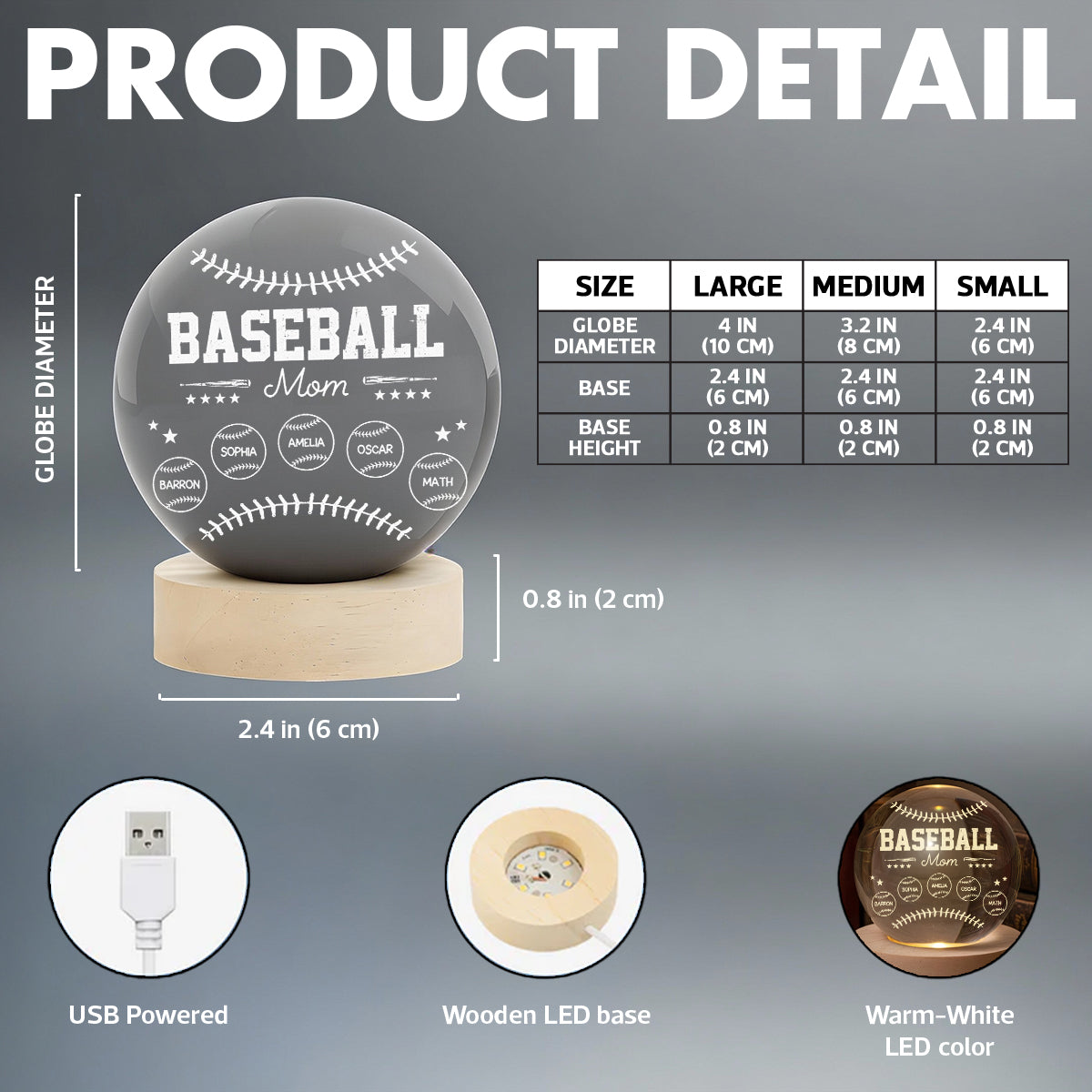 Baseball Mom And Kids Together - Personalized Crystal Ball LED Night Light - Mother's Day Gift For Baseball Mom, Gift For Wife