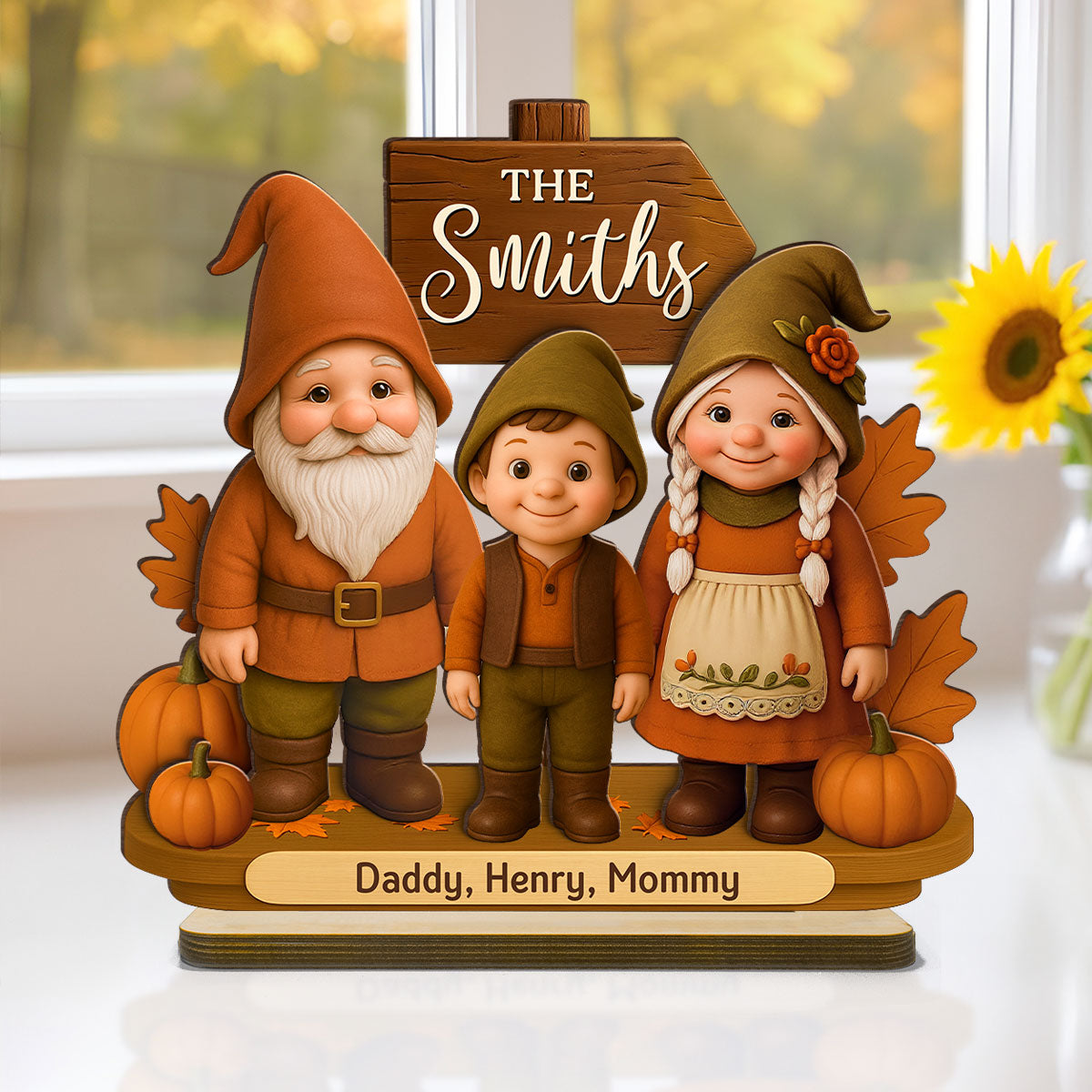 Gnome Family Fall Season Personalized 2-Layer Standing Wooden Plaque
