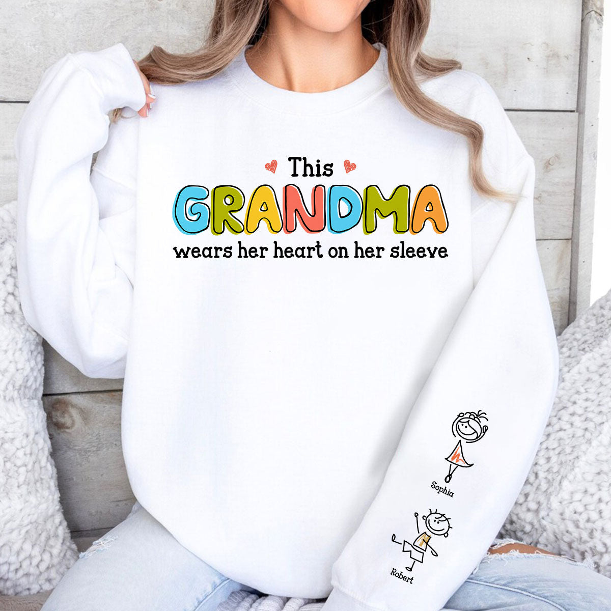 This Grandma Wears Her Heart On Her Sleeve Personalized Sleeve Printed Sweatshirt, Gift For Grandma