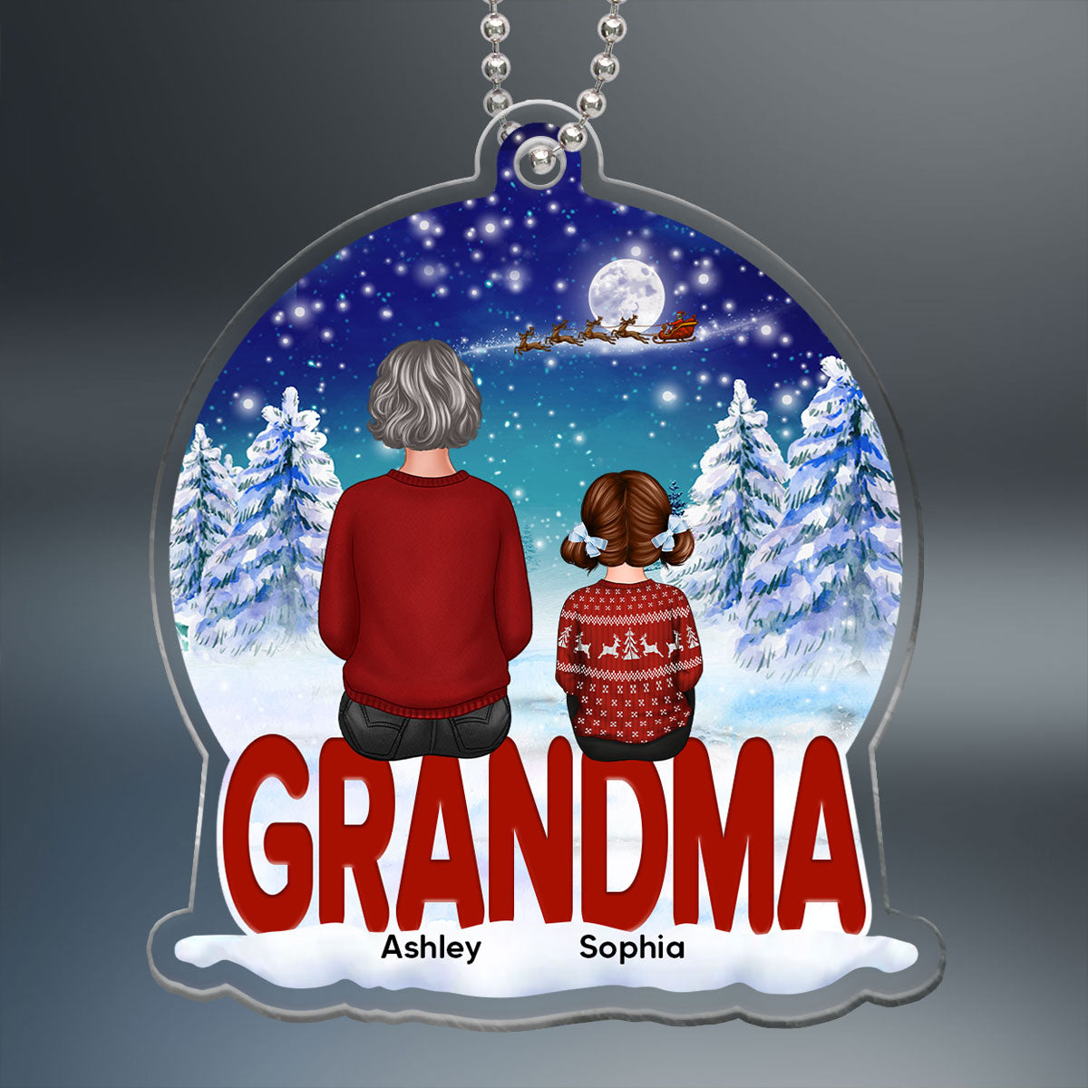 Grandma Grandkids Back View Sitting Snowball Christmas Personalized Acrylic Ornament