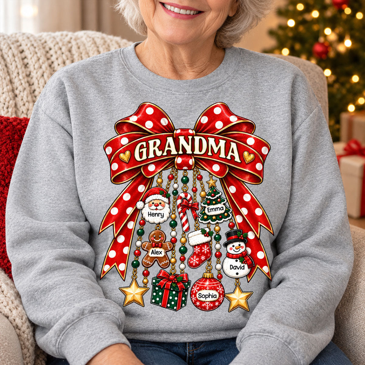 Grandma Retro Christmas Charm Bow - Personalized Shirt - Trendy Christmas Tee for Grandma