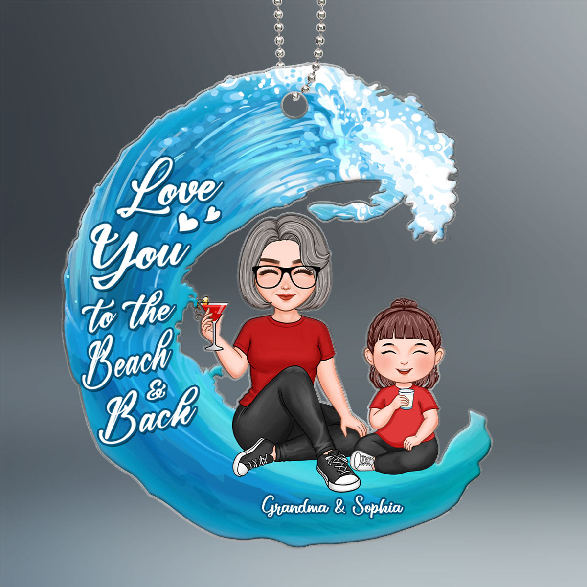 Cute Grandma & Grandkid Love To The Beach Wave Personalized Acrylic Ornament
