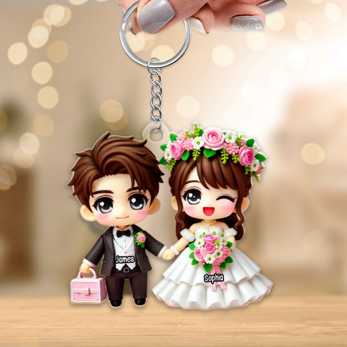 3D Effect Wedding Cartoon Chibi Couple Personalized Acrylic Keychain, Gift for him, Gift for her