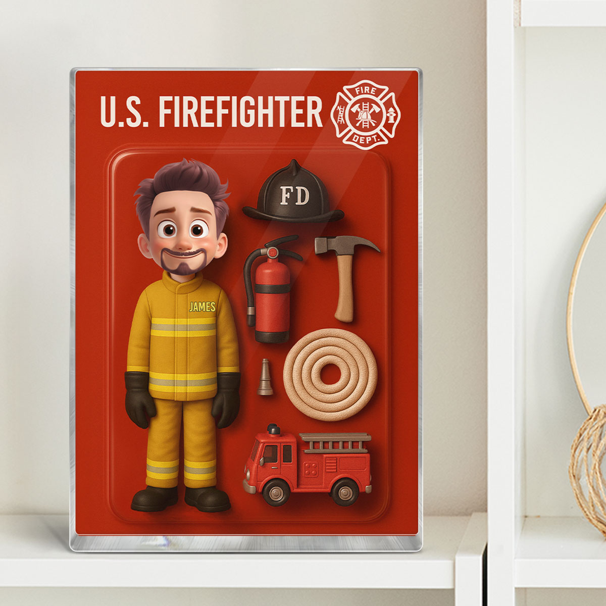 3D Effect Cartoon Funny Style Firefighter Custom Figure Personalized Flat Rectangle Acrylic Block