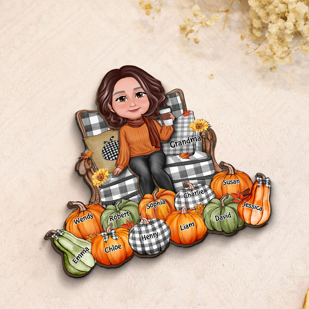 Grandma Sitting On Chair Pumpkins - Personalized 2-Layered Wooden Plaque
