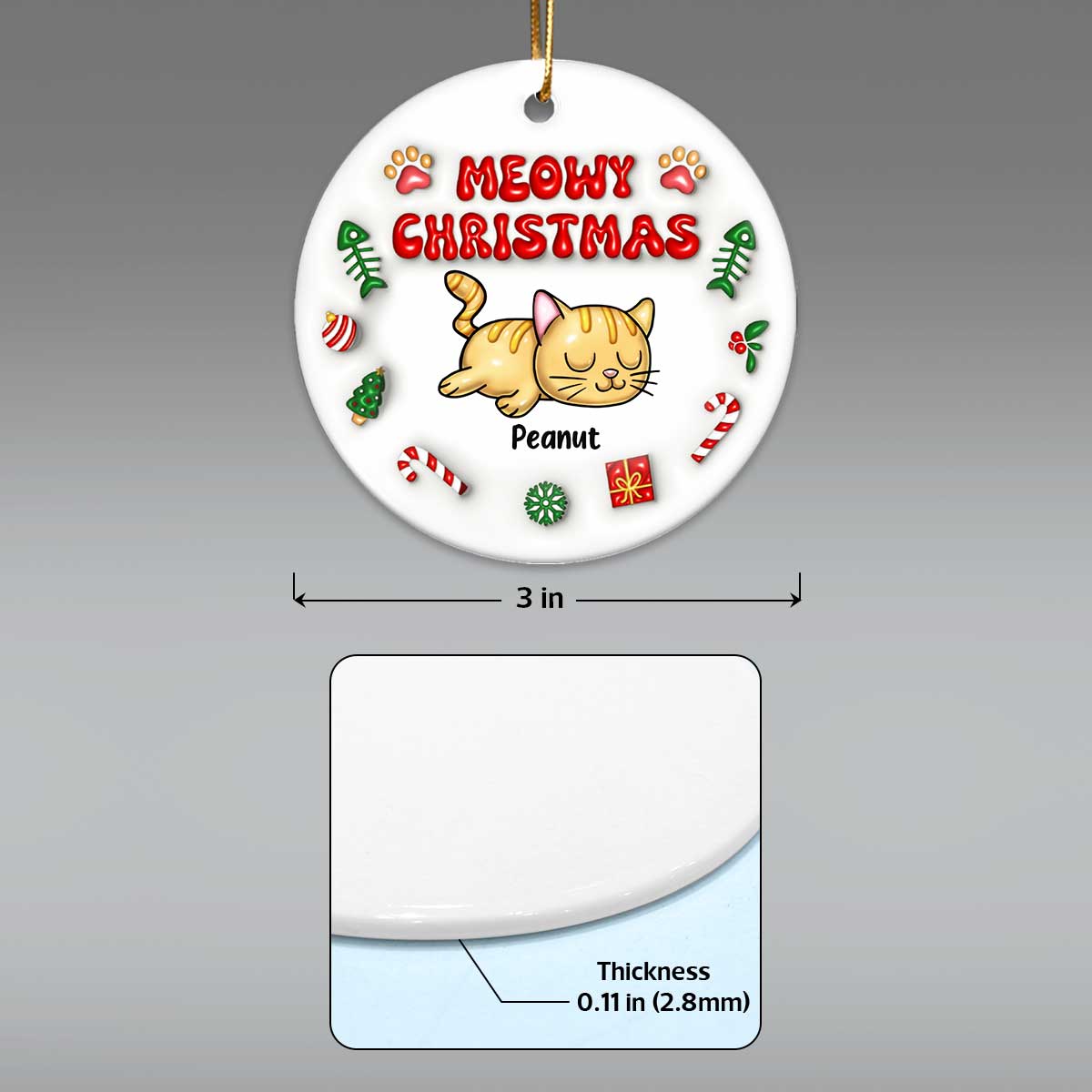 3D Inflated Meowy Christmas Sleeping Cats Personalized Ceramic Ornament, Christmas Gift For Cat Lovers