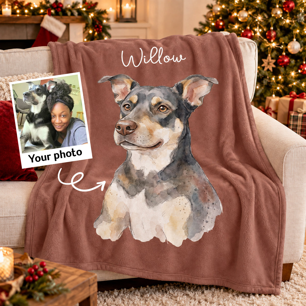 Custom Pet Watercolor Portrait from Photo - Personalized Fleece Blanket - Christmas Gift for Dog Cat Lovers