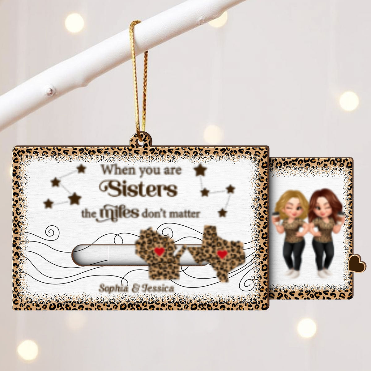 Long Distance Leopard State Map Besties Sisters Personalized Slider Ornament, Meaningful Christmas Gift