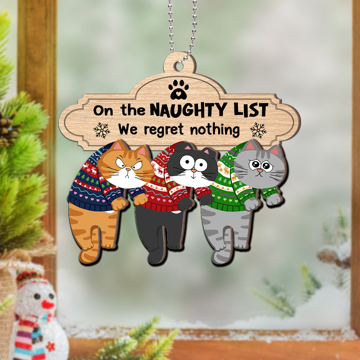 Christmas Naughty Cats Hanging On Mantel Personalized 2-Layer Wooden Ornament, Gift For Cat Lovers